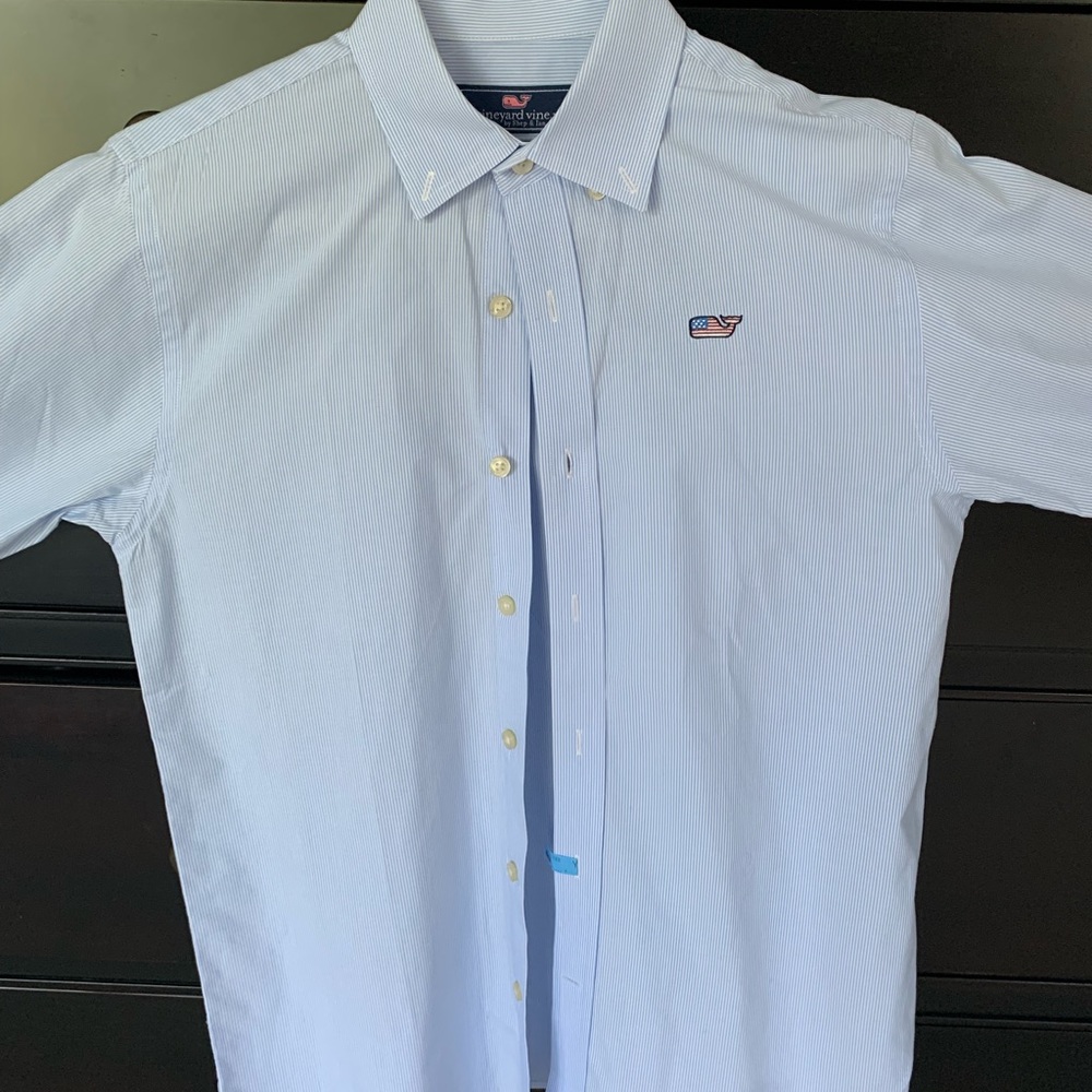 Boys Light Blue Striped button up shirt.